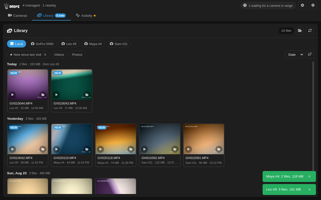 Library tab: grid of clips with thumbnails